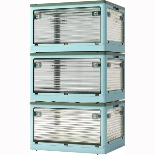 Roqao 3 Pack Aufbewahrungsboxen mit Deckel 84L Kunststoffboxen mit Rollen | Zusammenklappbare Kisten Aufbewahrung Transparent Storage Boxes mit Fünf Türen Stapelkisten Lagerboxen Blau (60×42×100cm)