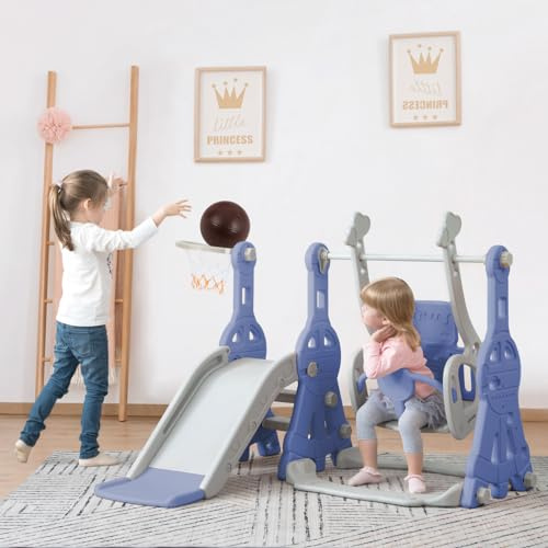 Scivolo per interni a partire da 1, 2, 3, 4, 5 anni, parco giochi 4 in 1, con supporto da basket, scala da arrampicata, scivolo a dondolo, scivolo da giardino per avventure al chiuso e all'aperto, blu