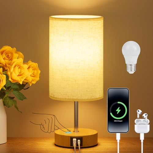 Suright Bedside Lamps, Touch Lamps Bedside with USB A+C Charging Ports, 3-Way Dimmable Table Lamp, Small Lamp for Living Room Bedroom with Linen Fabric Shade (LED Bulb Included)