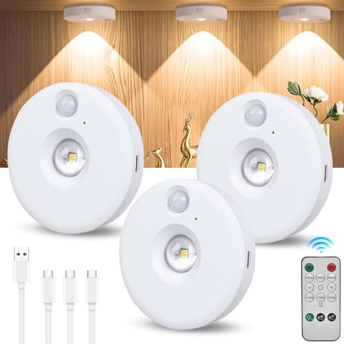 Colexy 3 Stück Schrankbeleuchtung Kabellos Unterbauleuchte Küche, USB Aufladbar Vitrinenbeleuchtung LED mit Touch und Fernbedienung, Dimmbar LED Spot Akku mit Timing Funktion, 3 Farbtemperaturen, Weiß