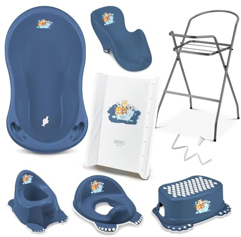 Babybadewanne mit Ständer 8 Set TÜV Rheinland geprüft - Babybadewanne + Baby Badewannensitz + Wickelauflage + Gestell + Abfluss + Töpfchen + Hocker + WC Sitz Kinder