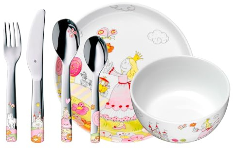 WMF Prinzessin Anneli Kindergeschirr Set 6-teilig mit Gravur – mit Namen – Porzellan Teller & Müsli-Schale mit Kinderbesteck – Kinder-Geschirrset für selbstständiges Essen ab 3 Jahren