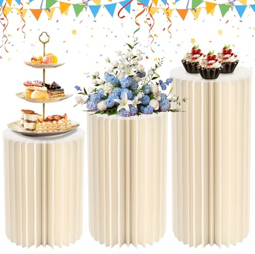GarveeMore 3 Pcs Cardboard Cylinder Stands 16/24/32 Cake Pedestal Stands, Tall Round Cylinder Pedestal Stands Foldable Cardboard Pillars with Acrylic Tops for Parties Weddings Birthdays