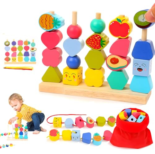 YUPDFGB 2 in 1 Giocattoli Montessori da Infilare per Bambini, Infilare Perline Frutta, Impilare Blocchi, Giochi Legno Bambini, Educativi Bambino 3+ Anni, Frutta