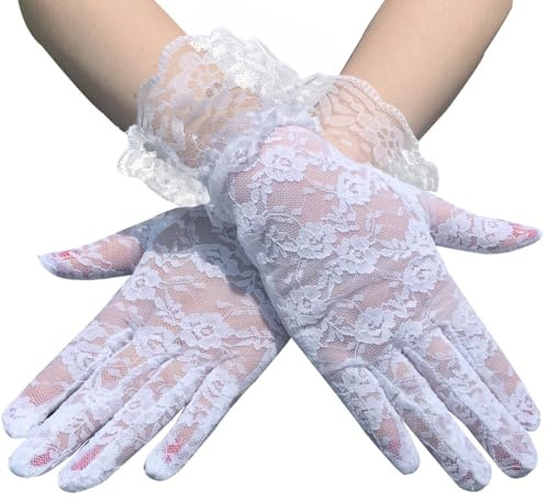 LONZIKP Guantes de Encaje, Guantes de Boda, Elegantes Guantes Cortos, Guantes de Disfraz, Guantes de Halloween, Guantes de Novia (Blanco)