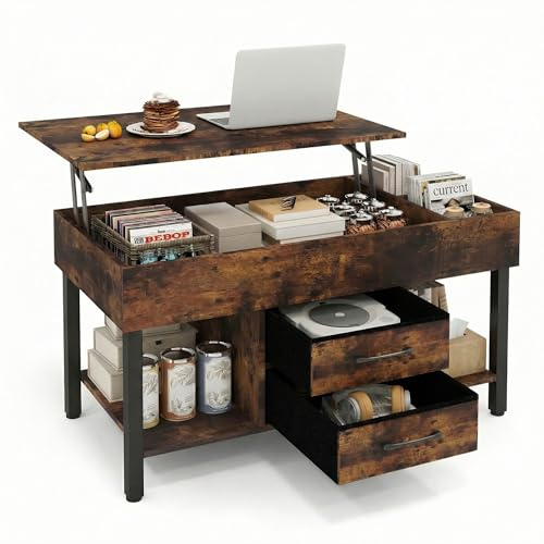 ELECWISH Lift Top Coffee Table, Coffee Table with Storage and 2 Drawers, Coffee Tables for Living Room with Hidden Compartment, and Open Shelves, Office, Rustic Brown