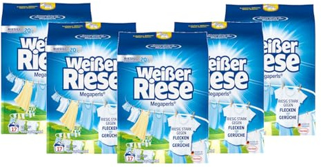 Weißer Riese Megaperls Vollwaschmittel (5 × 17 Waschladungen), kraftvolle Megaperls für riesige Reinheit, tiefenreine & strahlend saubere Wäsche, auch bei niedrigen Temperaturen, 5 × 1,02 kg