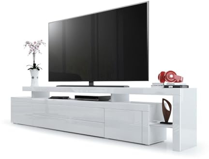 Vladon TV Board Lowboard Leon V3, Made in Germany, Korpus und Überbau in Weiß Hochglanz/Front in Weiß Hochglanz mit Rahmen in Weiß Hochglanz (227 x 52 x 35 cm)