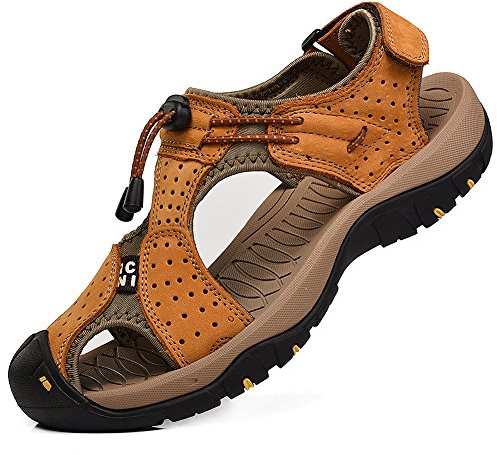 rismart Men's Closed-Toe Hook&Loop Outdoor Hiking Leather Shoes Sandals SN1505(Tan,11 UK)