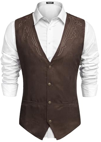 COOFANDY Men's Suede Leather Suit Vest Casual Western Vest Jacket Slim Fit Cowboy Waistcoat (Large, Coffee (with pattern)*)