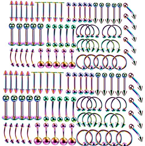 Bunt Piercing Set damen herren 120x Edelstahl Mix Körperschmuck Studs Barbells bunt Bananabells für Ohr schwarz Lippe Nase Zunge Bauchnabel Augenbrauen Nippel bunt Piercing Ring Punk1.2*8mm,1.2*10