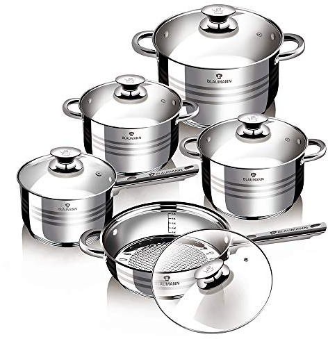 Gourmet 12/10 Pcs Silver Stainless Steel Non Stick Cookware Set Pots Pans Kitchen Induction Set (10 Pcs)