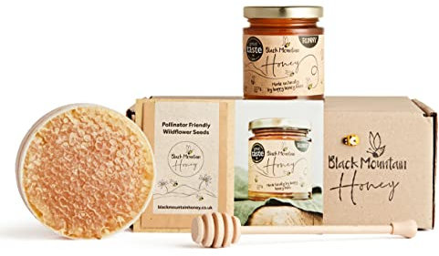 Black Mountain Honey - Round Section Of Dorset Honeycomb With Gift Box, Mini Honey Dipper 1 x 8oz Jar Of Welsh Honey And Natural Honeycomb