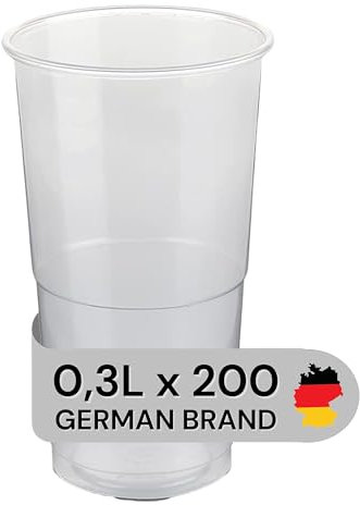 LogiPack GeRo Plastikbecher – Trinkbecher mit Eichstrich 0,3l | Einwegbecher aus Hartplastik (PP), transparent | Bierbecher & Partybecher – Kunststoffbecher, 200 Stück