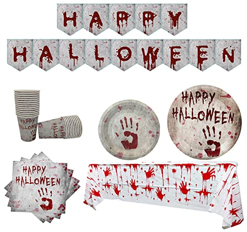 Halloween Party Tableware Set 16 Guests,Halloween Disposable Dinnerware Set Tableware Decor - Plastic Tablecloth,Banner,Paper Plates Napkins and Cups for Halloween Party Supplies Tableware Decorations