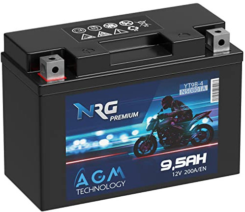 NRG Premium YT9B-4 AGM Motorradbatterie 9,5Ah 12V 200A/EN Batterie YT9B-BS 50801 50815 GT9B-4 auslaufsicher wartungsfrei ersetzt 9Ah 8Ah