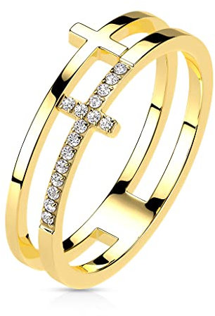 Paula & Fritz® Ring Damen Doppel-Ring Kreuz Gold Zirkonia Klar 316L Chirurgenstahl Größe 49 (15,6) 8-mm Breit Herrenring Partnerring Ehering Religion