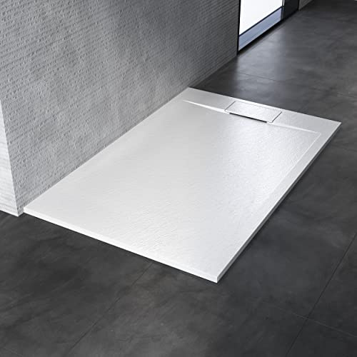 SONNI Duschwanne 140x90 cm, 32 mm Extra Flach, Weiß, SMC, Inklusive Siphon | Duschtasse, Schieferoptik, Extra flache, Rutschfeste Struktur, Inklusive Siphon, moderner Badezimmerstil