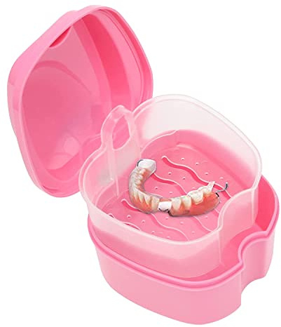 Denture Bath Case Orthodontic Dental Retainer Box Plastic False Teeth Bath Box Denture Cleanning Set Container Soaking Denture Bath for Storing Soaking Dentures Cleaning Box with Filter(Pink)