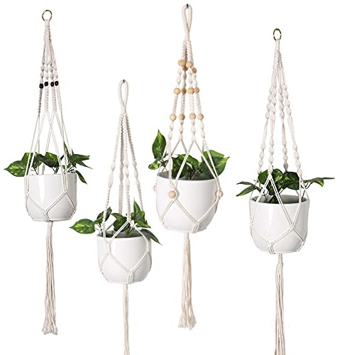 Pflanzenaufhänger, Makramee-Pflanzenaufhänger, Makramee, 105 cm, Wandbehang, Übertopf, Deckenpflanzen für Innenbereich, Blumen, Terrasse, Decke, Pflanzenhalter (E-H)
