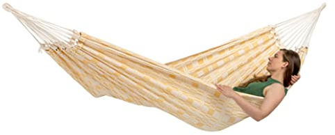 AMAZONAS XXL hängmatta Carioca guld jacquard liggyta 250 x 175 cm för 2 personer upp till 200 kg i naturligt ljusgul av återvunnen bomull, mjuk mycket stabil ädel look, handvävd (guld)