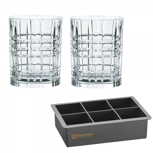Nachtmann Square Whisky Ice Cube - Juego de 2 vasos de whisky y 1 bandeja para cubitos de hielo