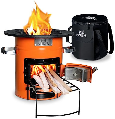 grillart® Raketenofen Outdoor “Powertrain” – effizienter Holzofen als Campingkocher für Dutch Oven und Grillpfannen – besonders effizient bei geringer Rauchentwicklung (Orange mit Tasche)