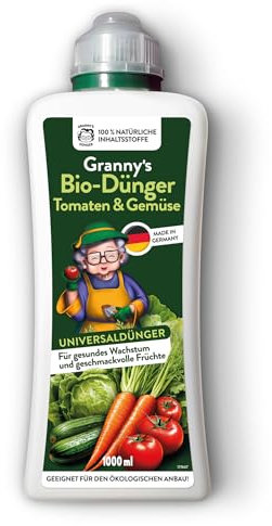 GRANNY’S WORLD® 1L. BIO-Dünger I Tomatendünger I Flüssigdünger für stark zehrende Pflanzen I Gemüsedünger I Universaldünger I Omas Dünger I Einfach und effektiv düngen I1-Liter, inklusive Messbecher I