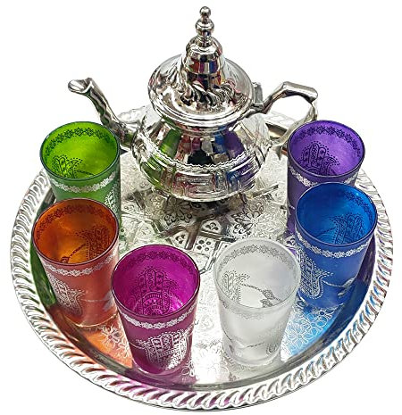 Horus Artesanía de Egipto Ensemble de thé traditionnel marocain complet à utiliser quotidiennement théière 350 ml plateau 28 cm avec 6 verres en verre