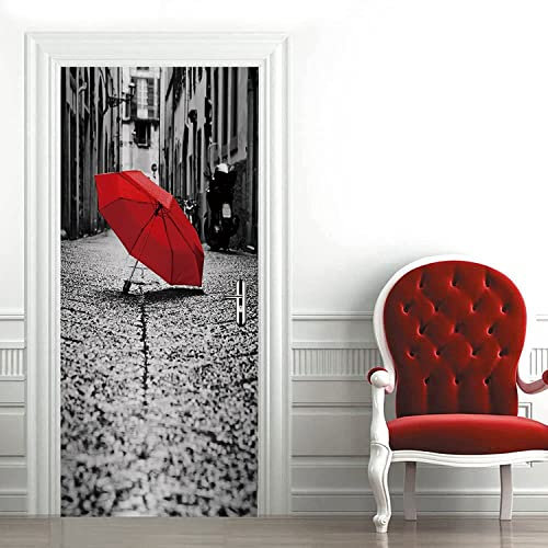 3D Türaufkleber Türtapete Selbstklebend Türposter Straßen-Rote Regenschirm-Landschaft 80 X 200 Cm Fototapete Türfolie Wasserdichte Abnehmbare Pvc Türtapete Innentür Schlafzimmer Küche Bad - Tür Fotos