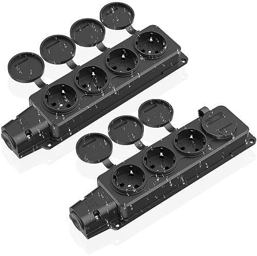 Enchufe Impermeable, Exterior 4 Compartimentos con Tapas, Bisagras, 2 Piezas de Regleta para Cuarto Húmedo, IP54 para Jardín - Negro (sin Cable)