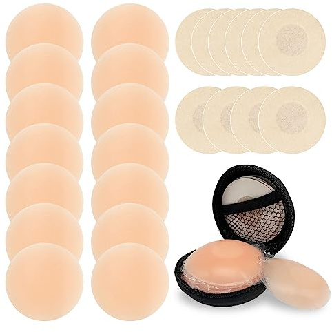 MIVAIUN 8 Paires Réutilisable Cache-tétons, 10 pcs Auto-adhésif Nipple Cover, Femme Cache Teton en Silicone, Ultra Doux Cache Tetons, Invisible Ronde Couvre Seins Mamelons Etanche Confortable