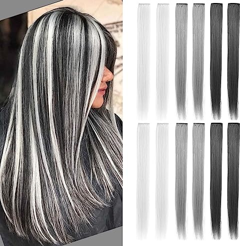 MQY COLOR 12 Stück Grau Dunkelgrau Hellgrau Haarverlängerungen Clip in | 21 Zoll,Haarteile,Synthetik Perücken,Party Highlights,DIY,Nacht draußen,Geburtstage&Dress Up,Haarzubehör für Mädchen Frauen