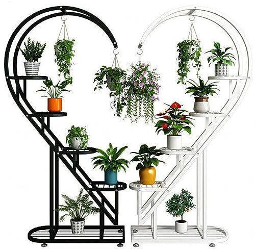 DECORN Pflanzenständer für Den Innenbereich, Hoch – Metall-Herz-Pflanzenständer, 10-stöckig, für Innen- und Außenpflanzen, Mehrere für Terrasse, Rasen, Garten, Balkon, Pflanzenregal, Weiß + Schwarz