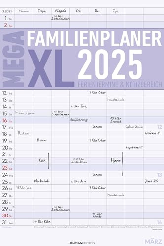 Alpha Edition - Der MEGA-Familienplaner XL 2025 Familientimer, 33x49,5cm, Familienkalender mit 8 Spalten für Termine, viel Platz für Notizmöglichkeiten, Ferientermine DE/AT/CH, deutsches Kalendarium