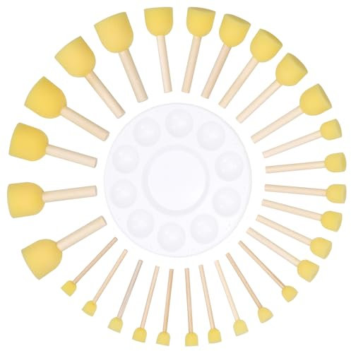 Zocipro 28 Stück Schwammstupf Pinsel Set, mit Runde Palette, 4 Verschiedene Größen von Schwammbürsten, Runde Schwämme Tupfpinsel Set für DIY Malerei Handwerk Keramik Werkzeuge, Gelb