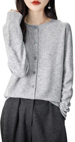 Chanyarn Women's Crewneck 100% Merino Wool Sweater 2025 Spring Fall Solid Long Sleeve Seamless Knitted Cardigan Sweater (Light Grey,XL)