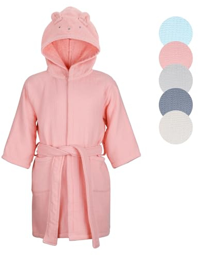 KAKU NANU Barnmorgonrock 100 % bomull flicka och pojke 2-10 år, 5 färger handduk badrockar för barn pool, absorberande med 2 fickor, bälte och huva, Rosa, 2-4 år