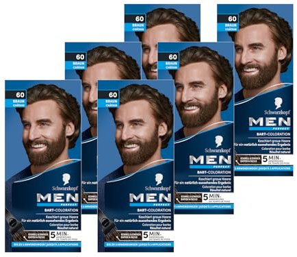 Schwarzkopf Men Perfect Bart-Coloration 60 Natur Braun Stufe 2 (6x 30 ml), Bartfärbemittel zum Kaschieren grauer Haare für ein natürlich aussehendes Ergebnis, schnelle Anwendung