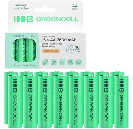 Green Cell Akku 2600 mAh 1.2V, 16 Stück Batterien AA Mignon NI-MH wiederaufladbar sofort einsatzbereit ohne Memory-Effekt Vorgeladene Starke Leistung geringe Selbstentladung wiederaufladbare Batterie