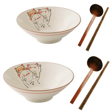 Bowltiful Ceramic Japanese Ramen Bowl Noodles Bowls for Soup Pho Udon Soba Salad Snack Cereal Dishes with Spoons Chopsticks 900ml Gift Set (Fortune Cat)