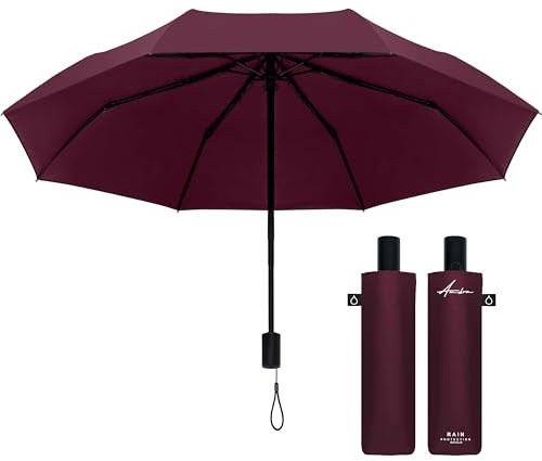 AMBRA RAIN Regenschirm Automatik | Taschenschirm sturmfest, robust, klein | Schnelltrockeneffekt, 300g leicht, Kompakter Schirm 110 km/h windkanalgetestet, für Damen & Herren, Dunkelrot