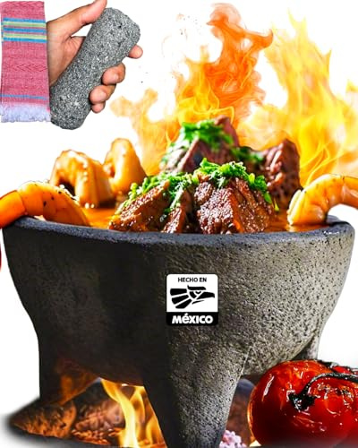 Auténtico Molcajete Mexicano hecho de roca volcánica | Juego de 3 piezas (1 mortero + 1 mortero + 1 toalla mexicana) resistente al calor, juego de mortero y pilón mexicano, cuenco y triturador de