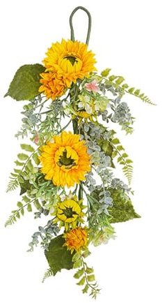 HUAJINGKEJI Bunter Sonnenblumenkranz, lange Blume, künstliche Blätter, Girlanden, Garten, Veranda, Bauernhaus, Festival, Feier, Rebenkranz