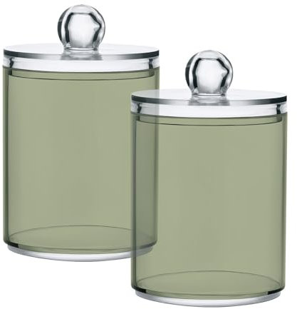 Ewusp Sage Green Qtip Holder 2 PCS Clear Plastic Apothecary Jars with Lid Cotton Pad Holder Dispenser Cotton Bud Holder Bathroom Storage Container Makeup Organizer