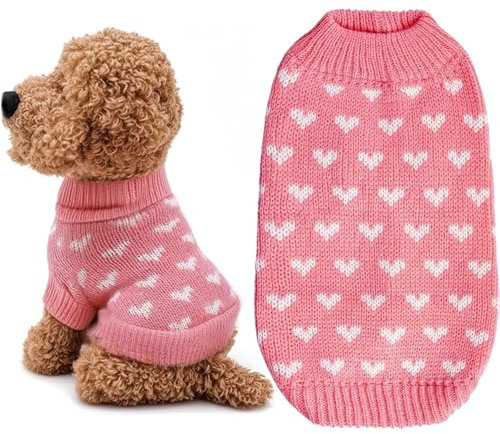 Hundepullover Herz Hundepulli Valentinstag Pullover Hund Katzenpullover Rosa Gestricktes Hunde Pullover Warme Hundekleidung für Kleine und Mittelgroße Hunde XS