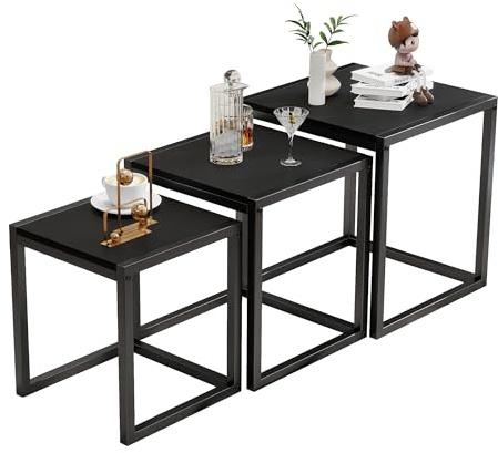 Diahomy Nesting Coffee Table, Set of 3 End Tables, Metal Frame Square Corner End Desk for Living Room Bedroom Office Industrial Style, Black