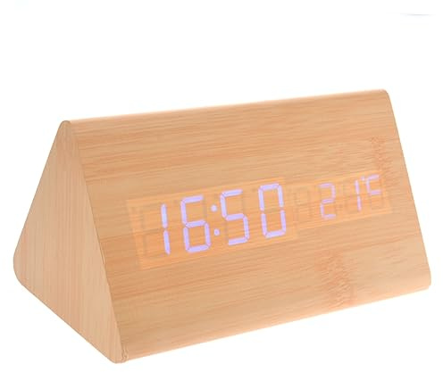 MAGICLULU Holzuhr Mit Blauen Led-ziffern Digitaler Wecker Mit Datum Und Temperatur Sprachsteuerung Dreieckig USB AAA-Betrieb Langlebiges Holzimitat Und Kunststoff