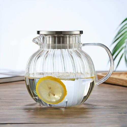 RYHMHA 42oz Glass Water Pitcher with Stainless Steel Strainer Lid, Hot/Cold Water Jug, Juice Beverage Carafe (Clear)