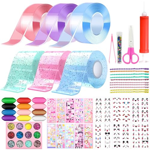 TZEKING 65 Piezas Nano Tape Bubbles Set,6 Tape (5 cm x 1 m) + 59 Paquetes De Material De Lujo,Cinta Nano Tape Burbujas,Creative DIY DIY Bubble Tape,con Purpurina, Lentejuelas, Pegatinas,etc.